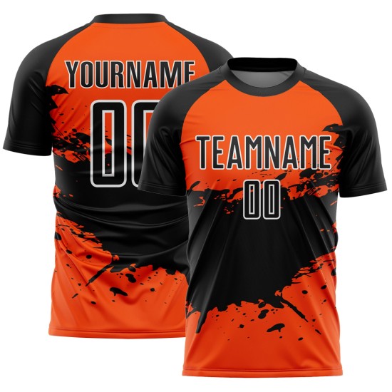 Sublimation Jersey Soccer Uniform Custom Orange Splash Black-White Sublimation Jersey Soccer Uniform Custom Orange Splash Black-White