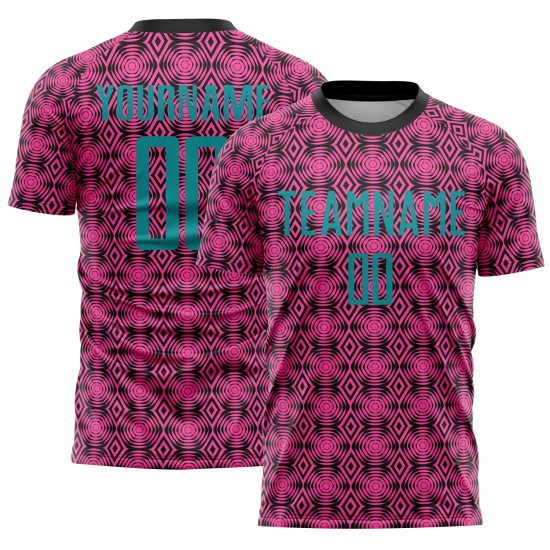 Jersey Shapes Pink Sublimation Custom Teal-Black Uniform Geometric Soccer Jersey Shapes Pink Sublimation Custom Teal-Black Uniform Geometric Soccer