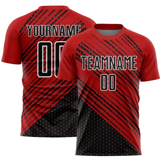 Jersey Sublimation Soccer Custom Red Diagonal Lines Uniform Black-White Jersey Sublimation Soccer Custom Red Diagonal Lines Uniform Black-White