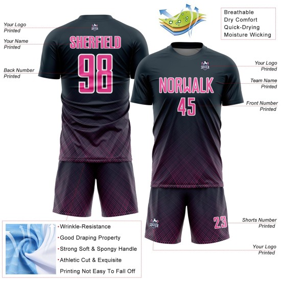 Sublimation Jersey Custom Soccer Uniform Navy Pink-White Lines Sublimation Jersey Custom Soccer Uniform Navy Pink-White Lines