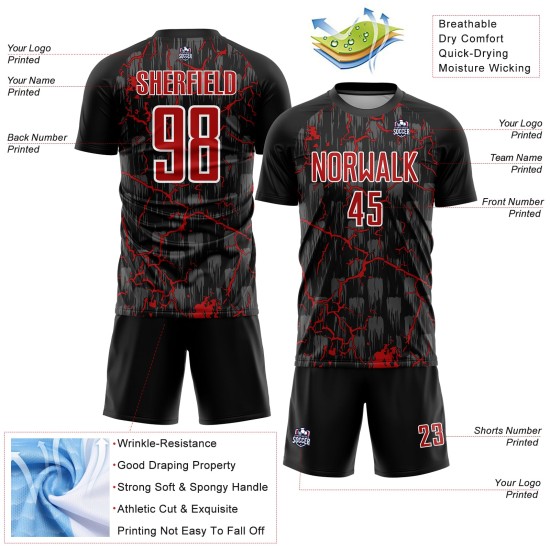 Uniform Lightning Custom Black Red-White Jersey Sublimation Soccer Uniform Lightning Custom Black Red-White Jersey Sublimation Soccer