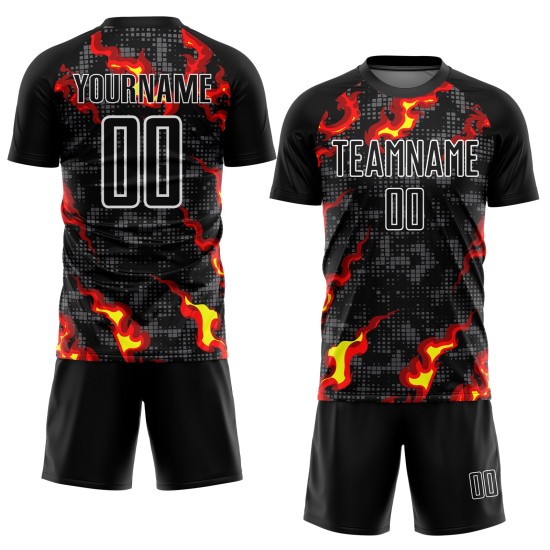 Jersey Soccer Uniform Black Gray Flame Red-Gold Custom Sublimation Jersey Soccer Uniform Black Gray Flame Red-Gold Custom Sublimation