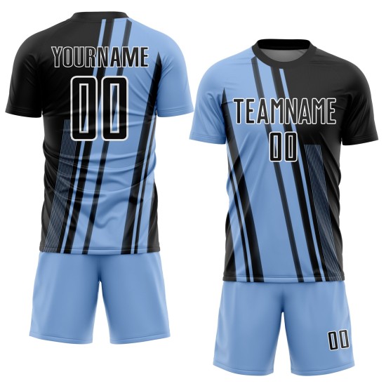 Light Custom Uniform Blue Jersey Lines Black-White Soccer Sublimation Light Custom Uniform Blue Jersey Lines Black-White Soccer Sublimation