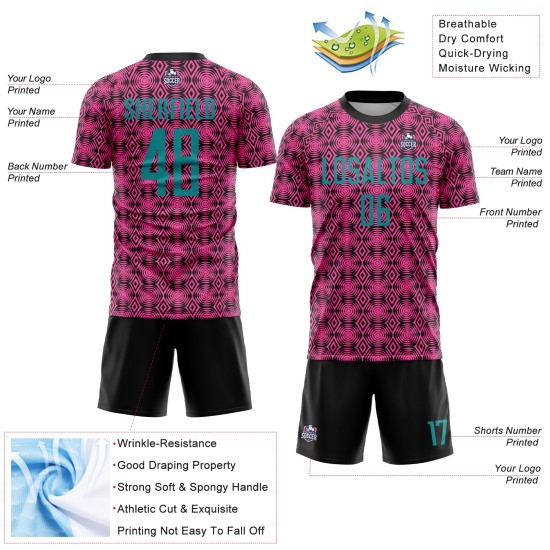 Jersey Shapes Pink Sublimation Custom Teal-Black Uniform Geometric Soccer Jersey Shapes Pink Sublimation Custom Teal-Black Uniform Geometric Soccer