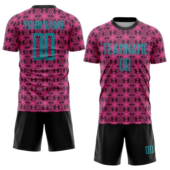 Jersey Shapes Pink Sublimation Custom Teal-Black Uniform Geometric Soccer Jersey Shapes Pink Sublimation Custom Teal-Black Uniform Geometric Soccer