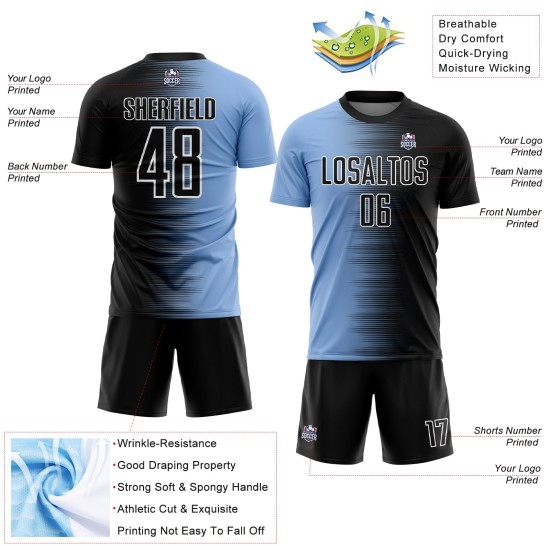 Uniform Soccer Jersey Custom Sublimation Black Blue-White Line Light Gradient Uniform Soccer Jersey Custom Sublimation Black Blue-White Line Light Gradient